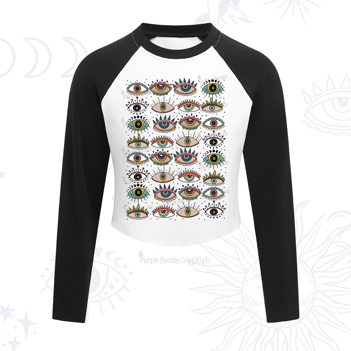 Purplehecate Evil Eye Pattern Cropped Raglan Long Sleeve T-Shirt