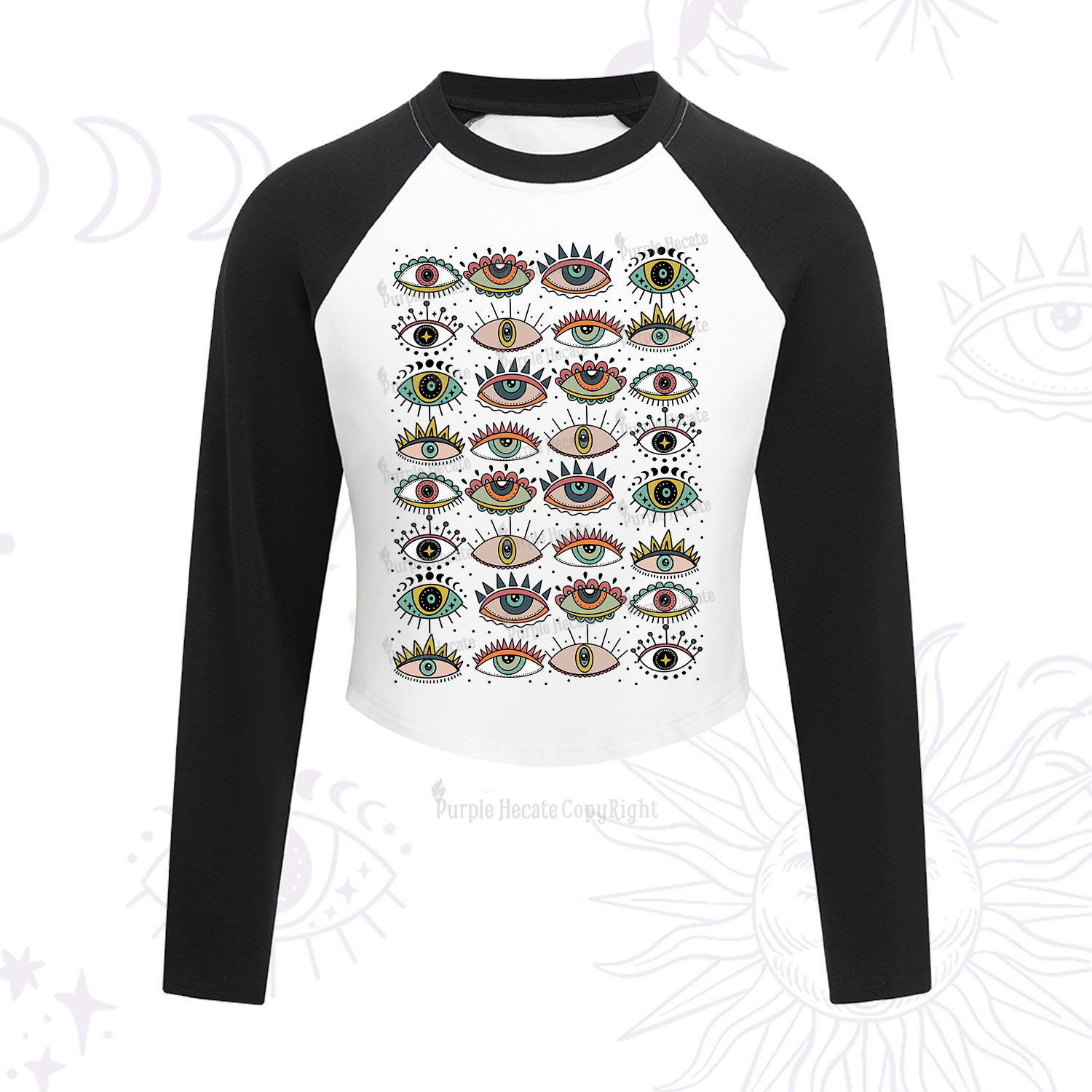 Purplehecate Evil Eye Pattern Cropped Raglan Long Sleeve T-Shirt