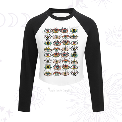Purplehecate Evil Eye Pattern Cropped Raglan Long Sleeve T-Shirt