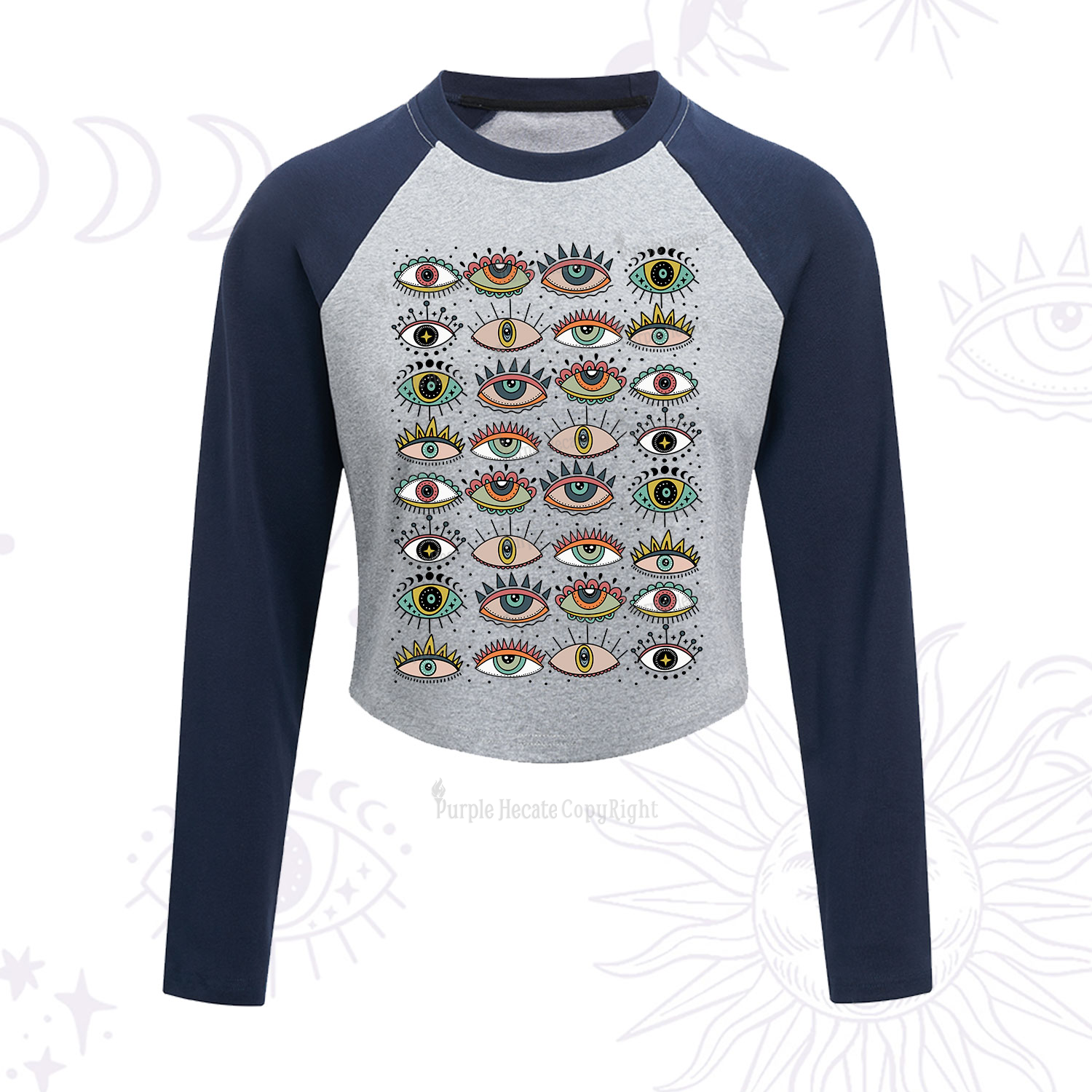 Purplehecate Evil Eye Pattern Cropped Raglan Long Sleeve T-Shirt