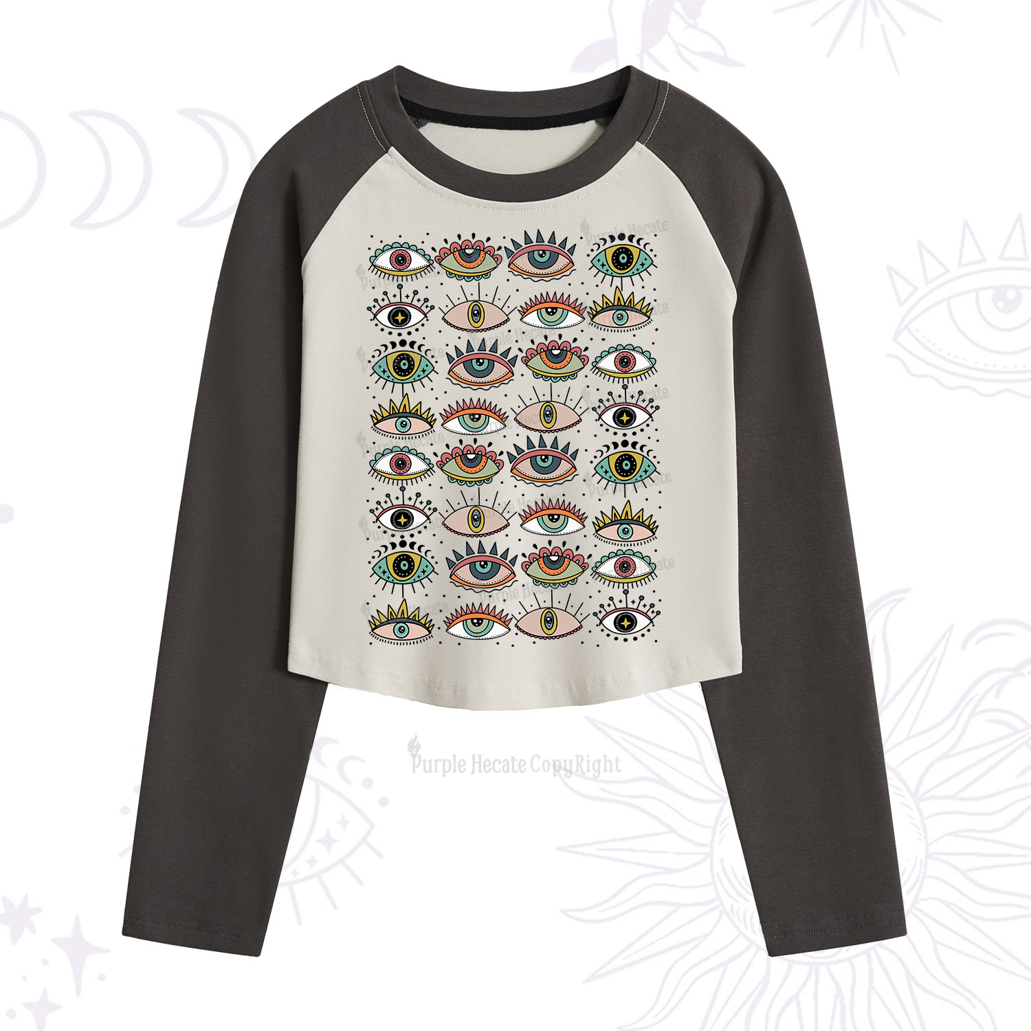 Purplehecate Evil Eye Pattern Cropped Raglan Long Sleeve T-Shirt