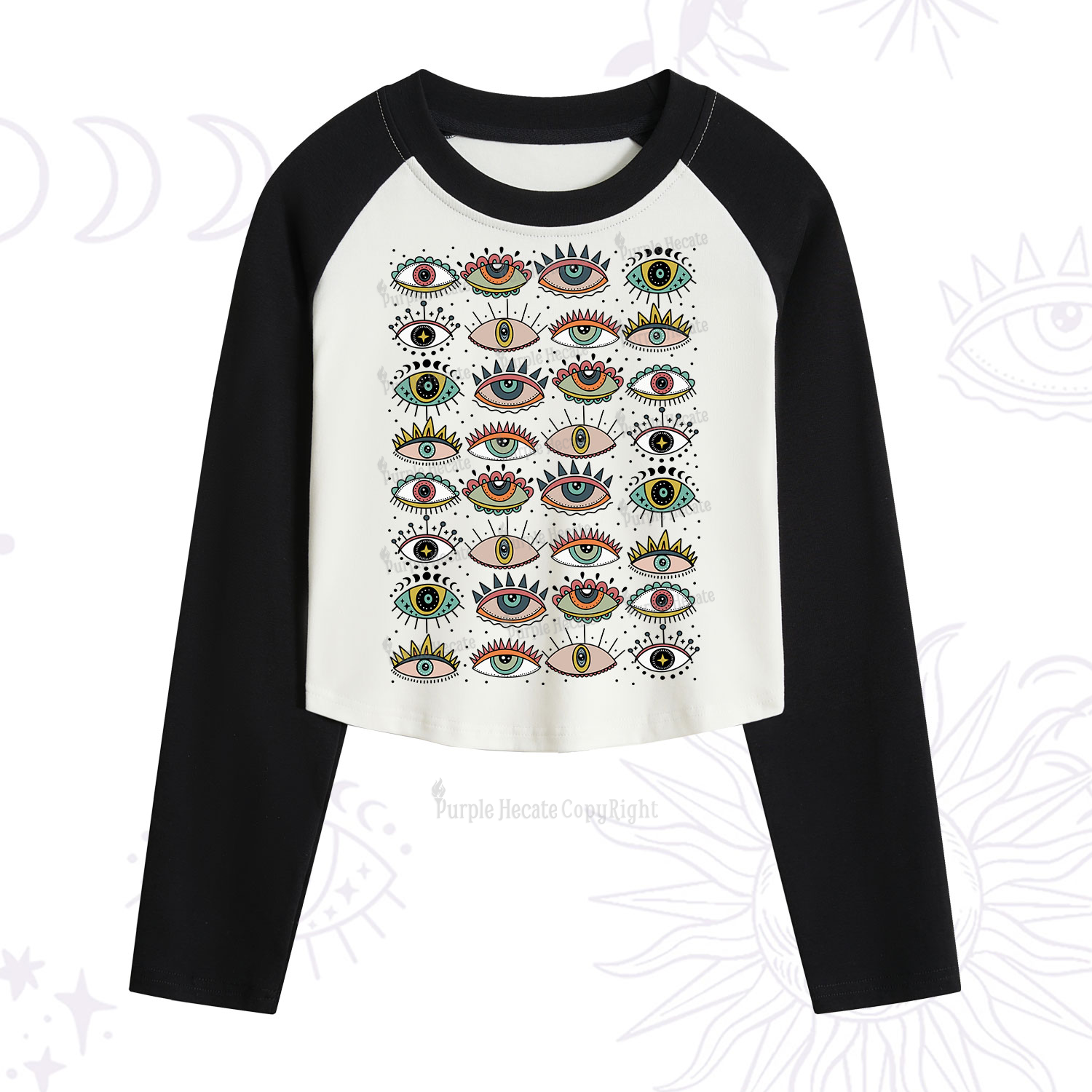 Purplehecate Evil Eye Pattern Cropped Raglan Long Sleeve T-Shirt