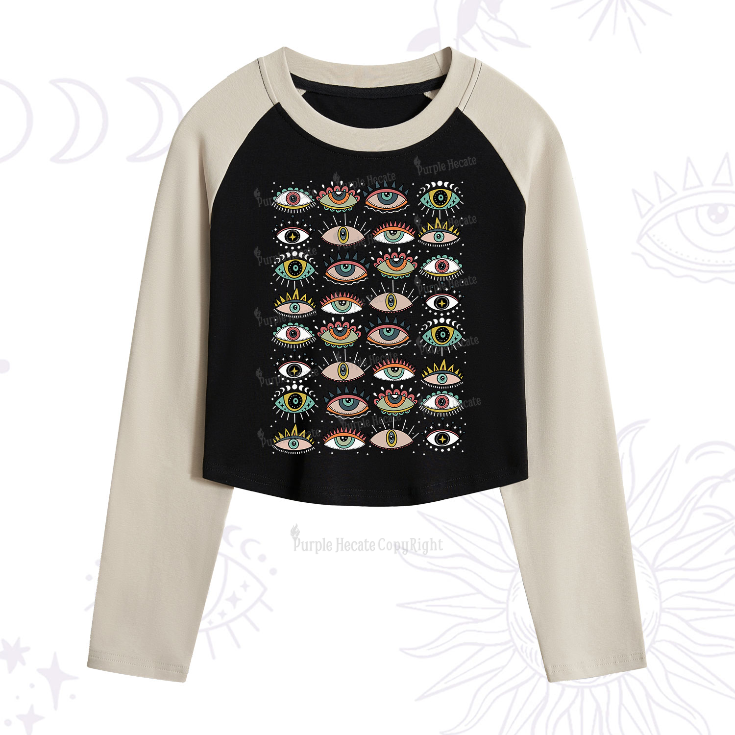 Purplehecate Evil Eye Pattern Cropped Raglan Long Sleeve T-Shirt