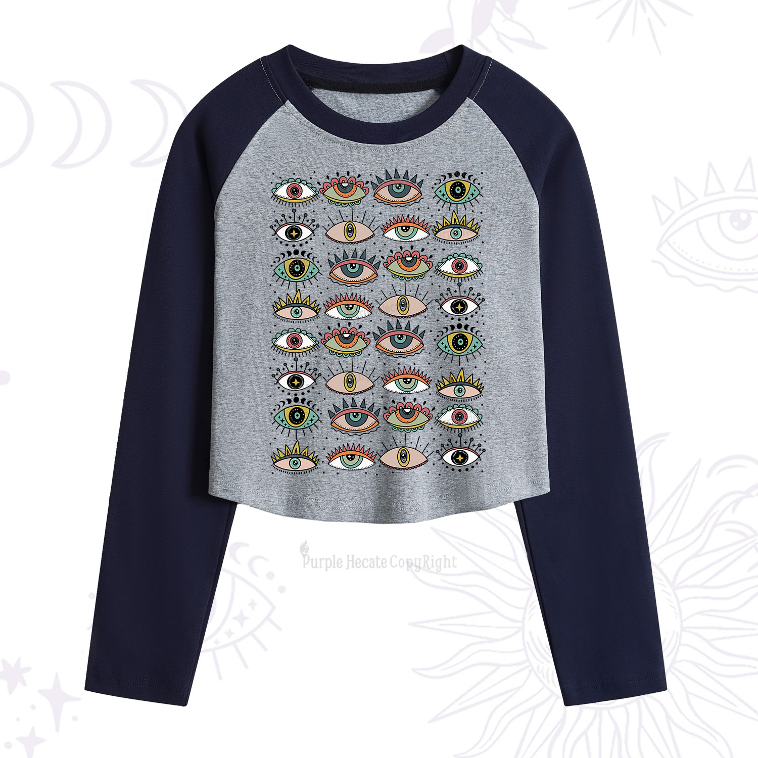 Purplehecate Evil Eye Pattern Cropped Raglan Long Sleeve T-Shirt