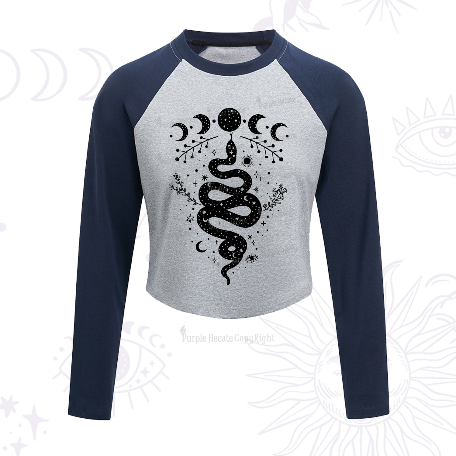 Purplehecate Snake And Moon Phase Comfort Cropped Raglan Long Sleeve T-Shirt