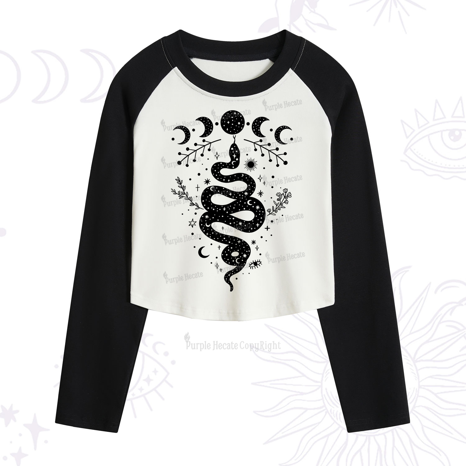 Purplehecate Snake And Moon Phase Comfort Cropped Raglan Long Sleeve T-Shirt