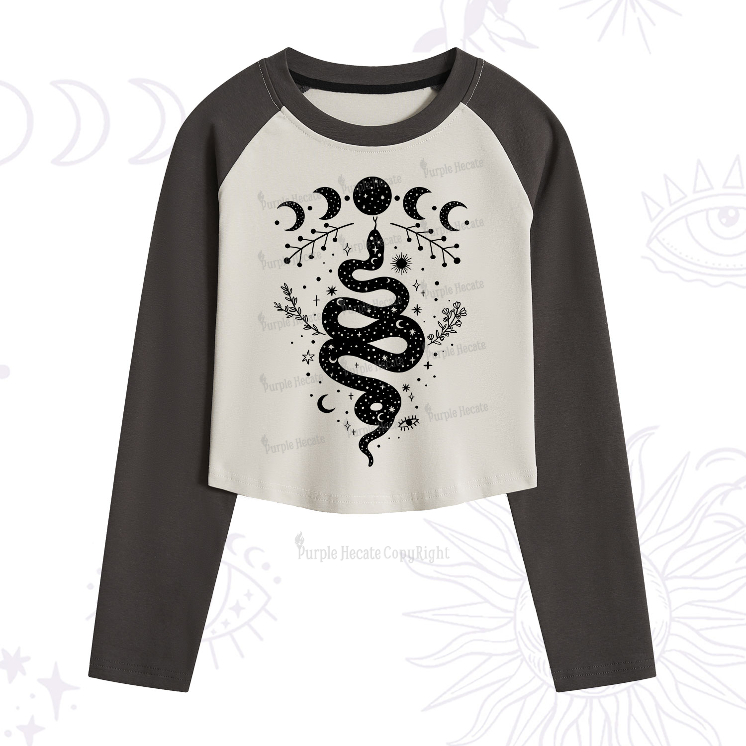 Purplehecate Snake And Moon Phase Comfort Cropped Raglan Long Sleeve T-Shirt