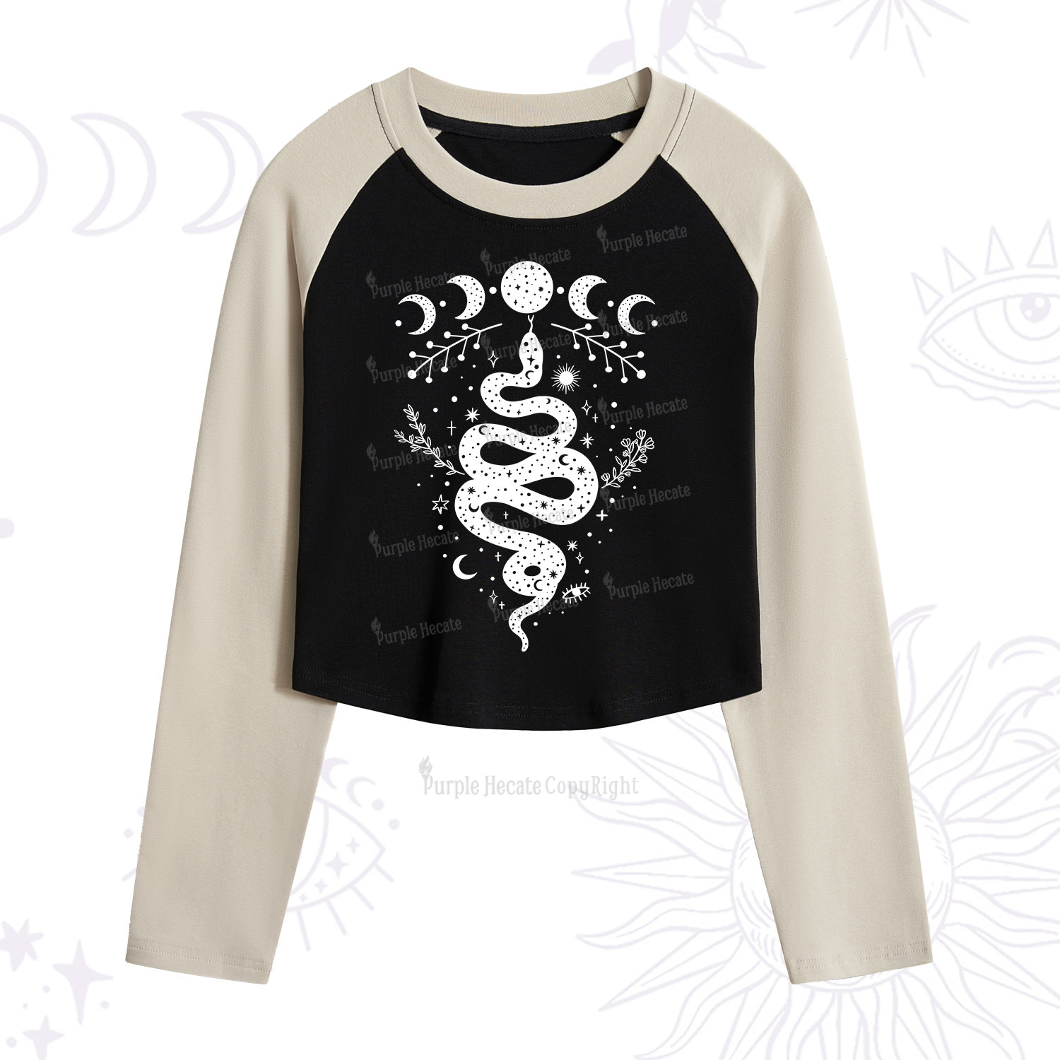 Purplehecate Snake And Moon Phase Comfort Cropped Raglan Long Sleeve T-Shirt