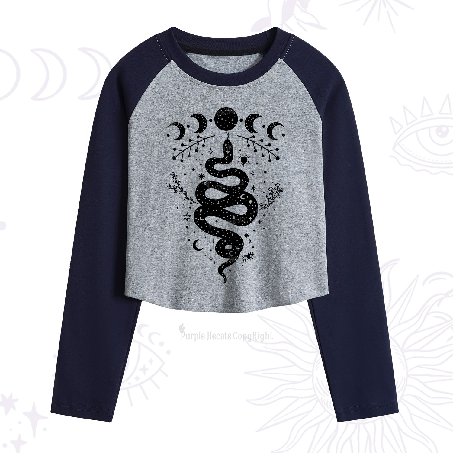 Purplehecate Snake And Moon Phase Comfort Cropped Raglan Long Sleeve T-Shirt