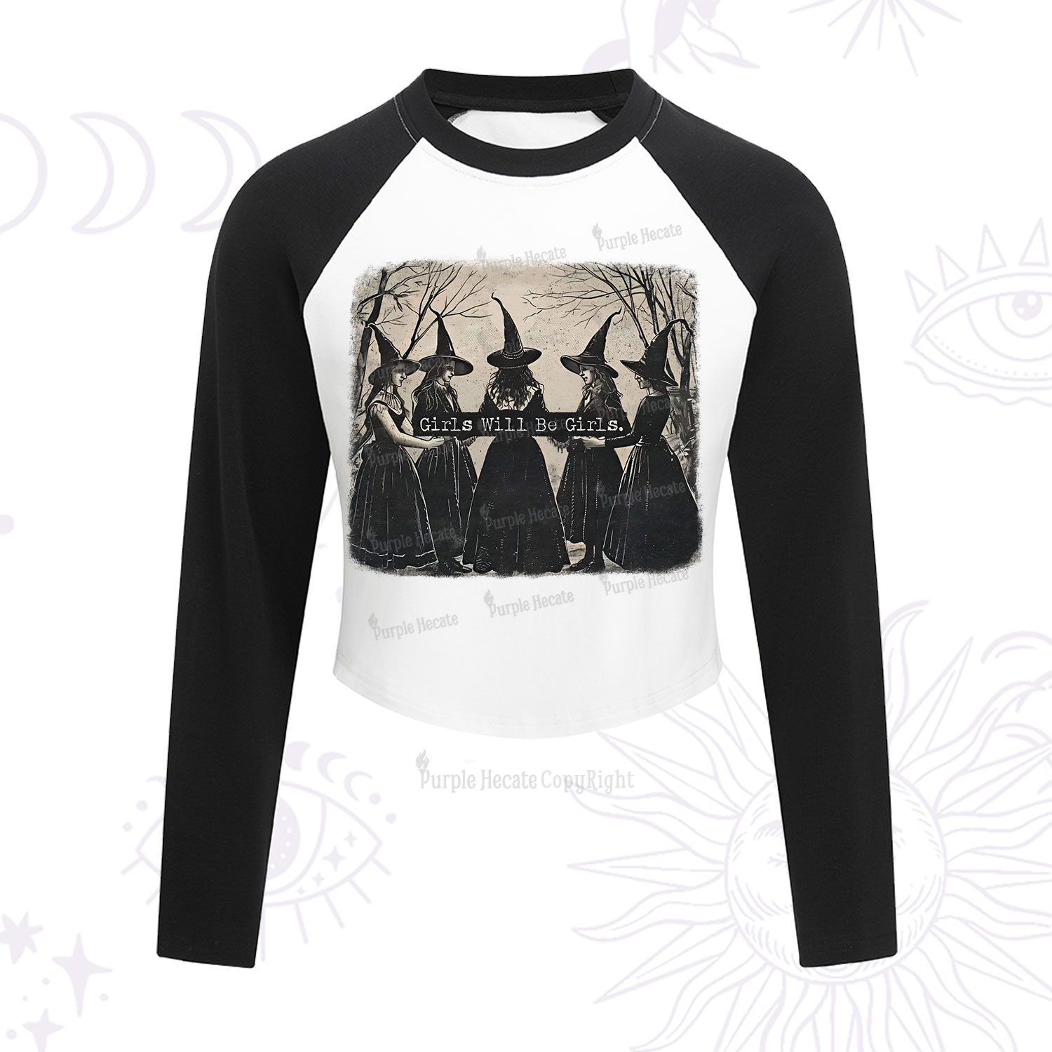 Purplehecate Girls Will Be Girls Witch Cropped Raglan Long Sleeve T-Shirt
