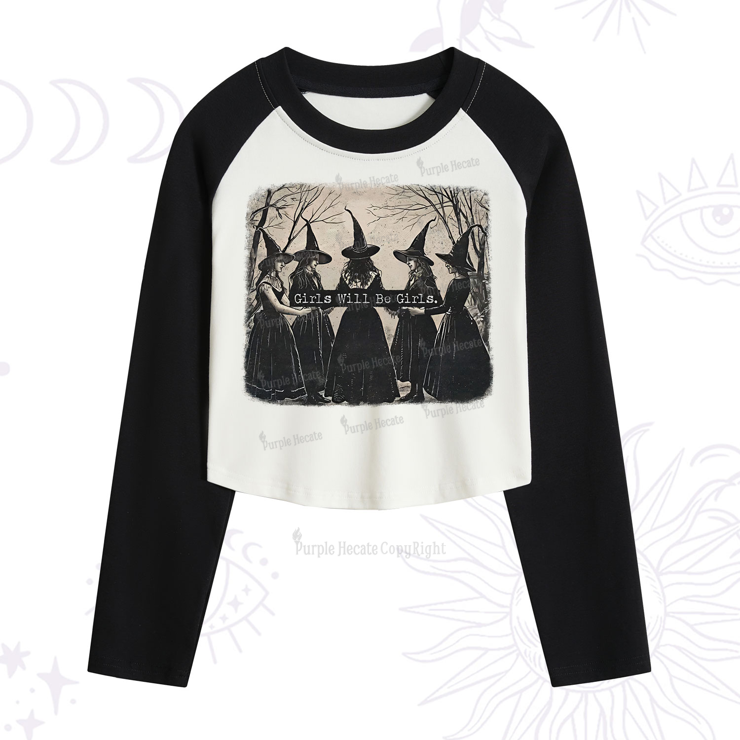 Purplehecate Girls Will Be Girls Witch Cropped Raglan Long Sleeve T-Shirt
