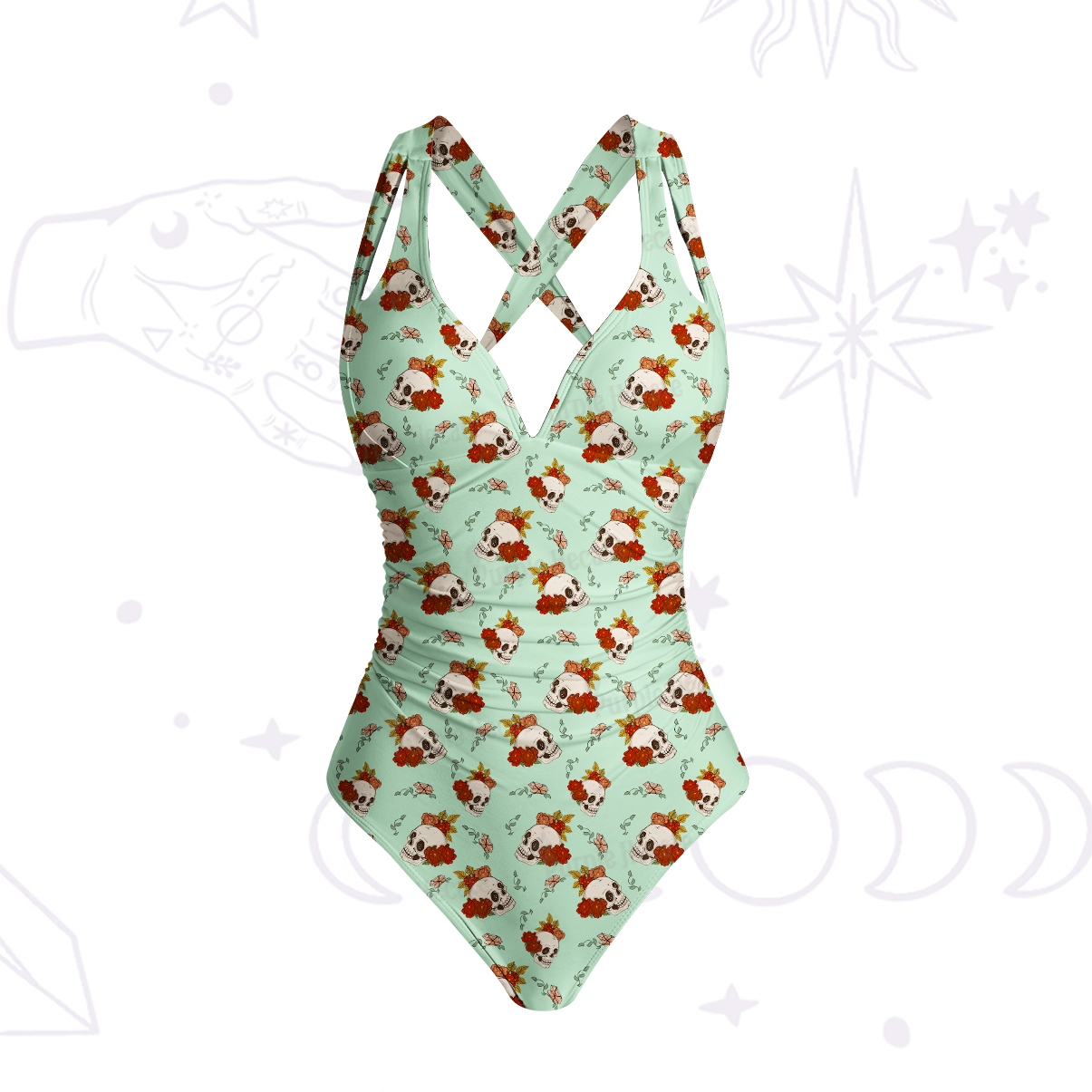 Purplehecate Flowers and Bones One-Piece Swimsuit