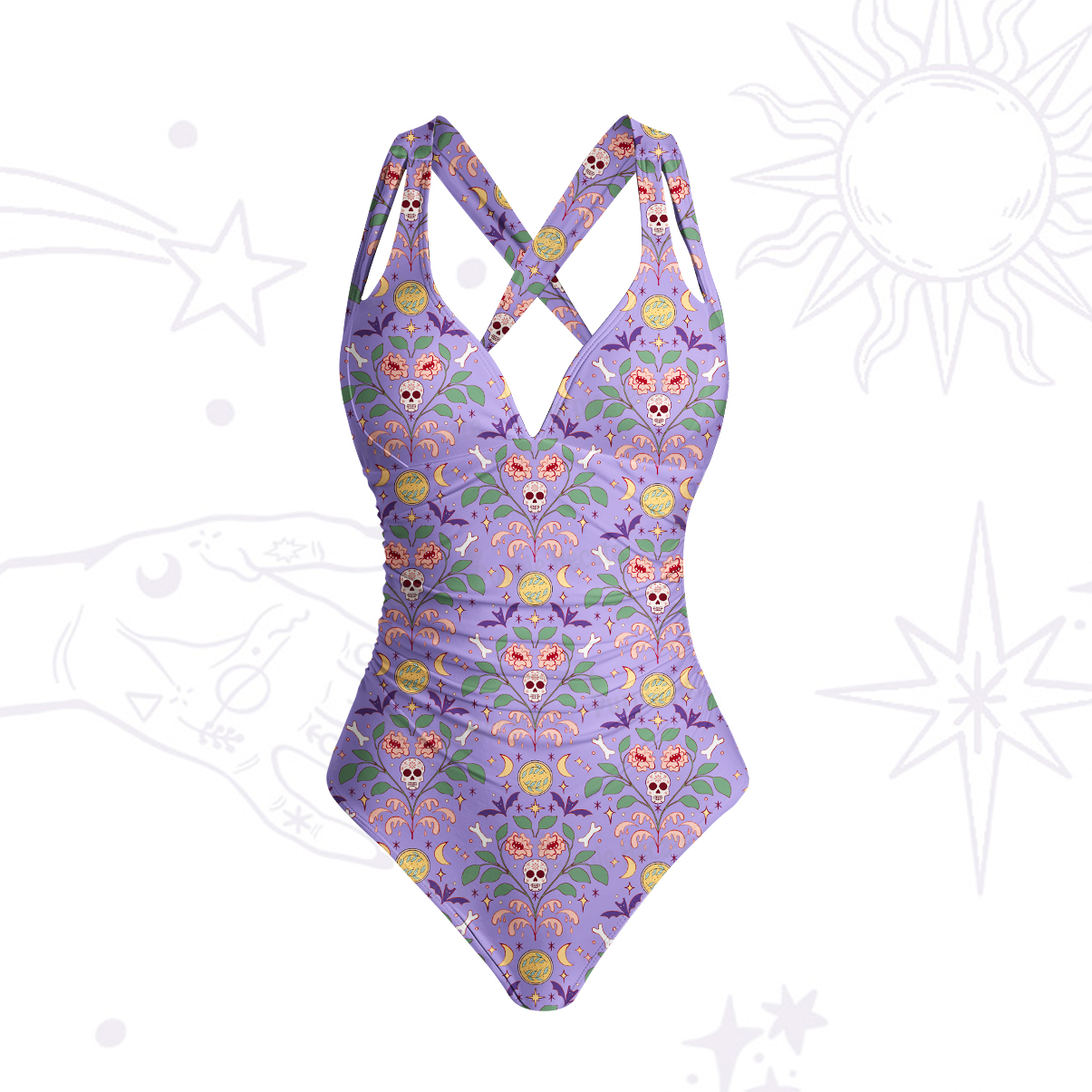 Purplehecate Gothic Floral Skeleton One-Piece Swimsuit