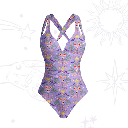 Purplehecate Gothic Floral Skeleton One-Piece Swimsuit