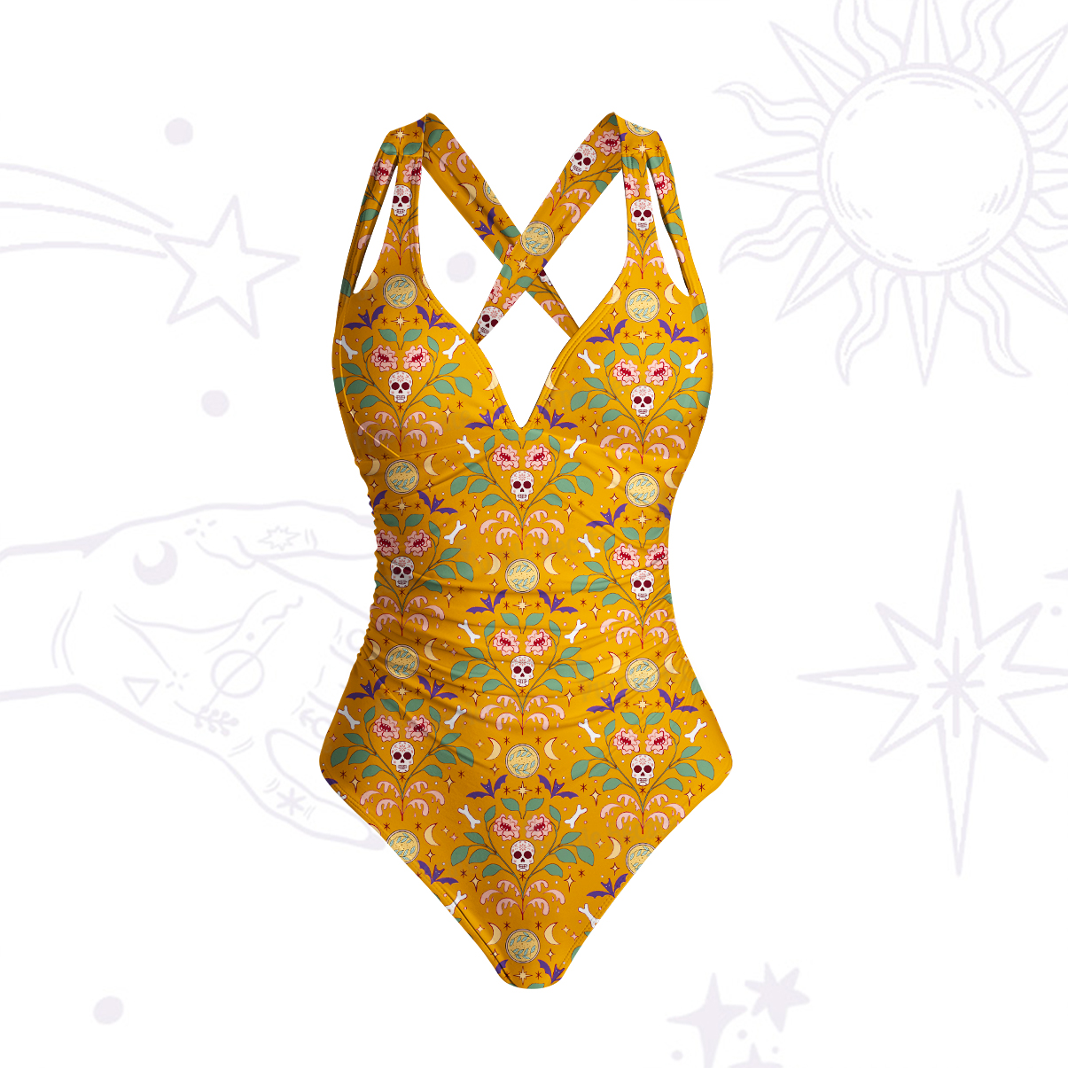 Purplehecate Gothic Floral Skeleton One-Piece Swimsuit