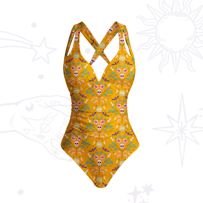 Purplehecate Gothic Floral Skeleton One-Piece Swimsuit