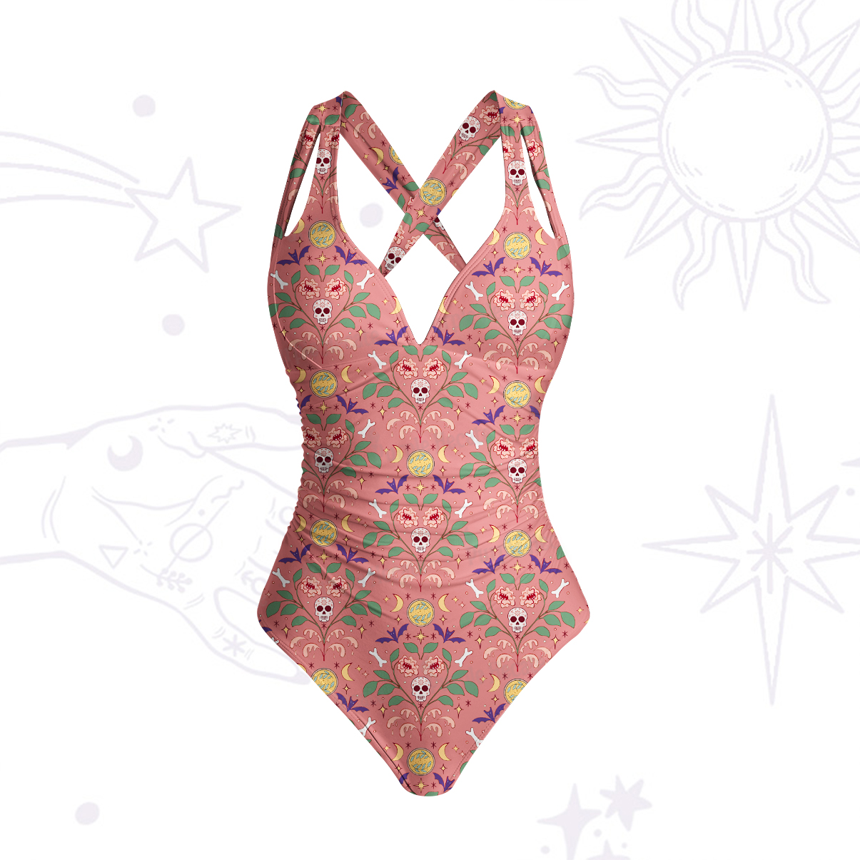 Purplehecate Gothic Floral Skeleton One-Piece Swimsuit