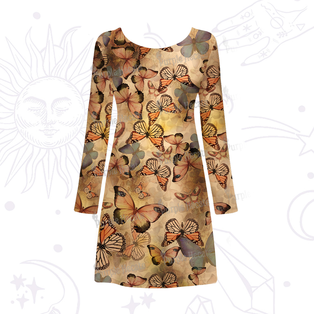 Purplehecate Monarch Butterfly Print Beachwear Cover-Up Dress