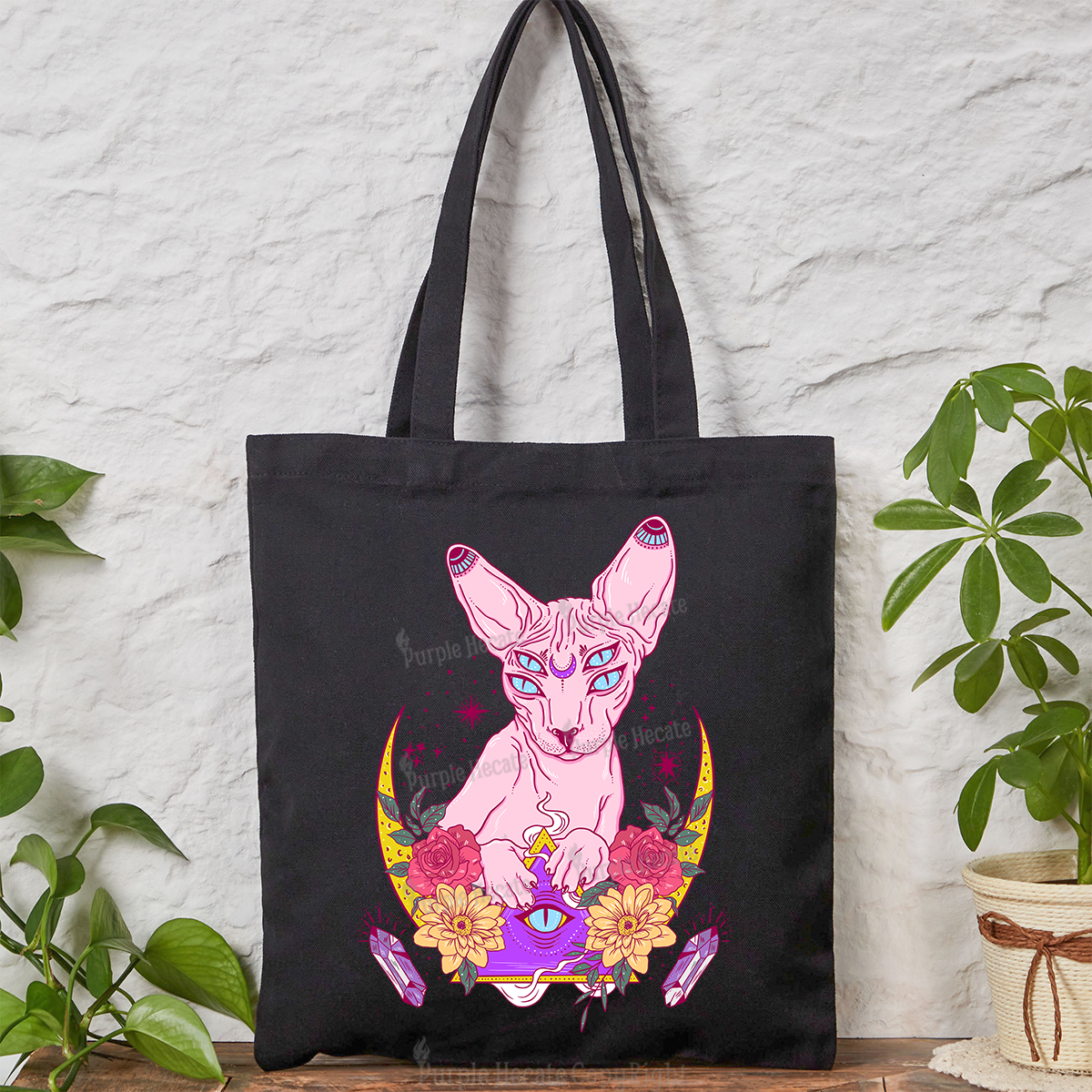 Purplehecate Moon Phase Cat Tote Bag