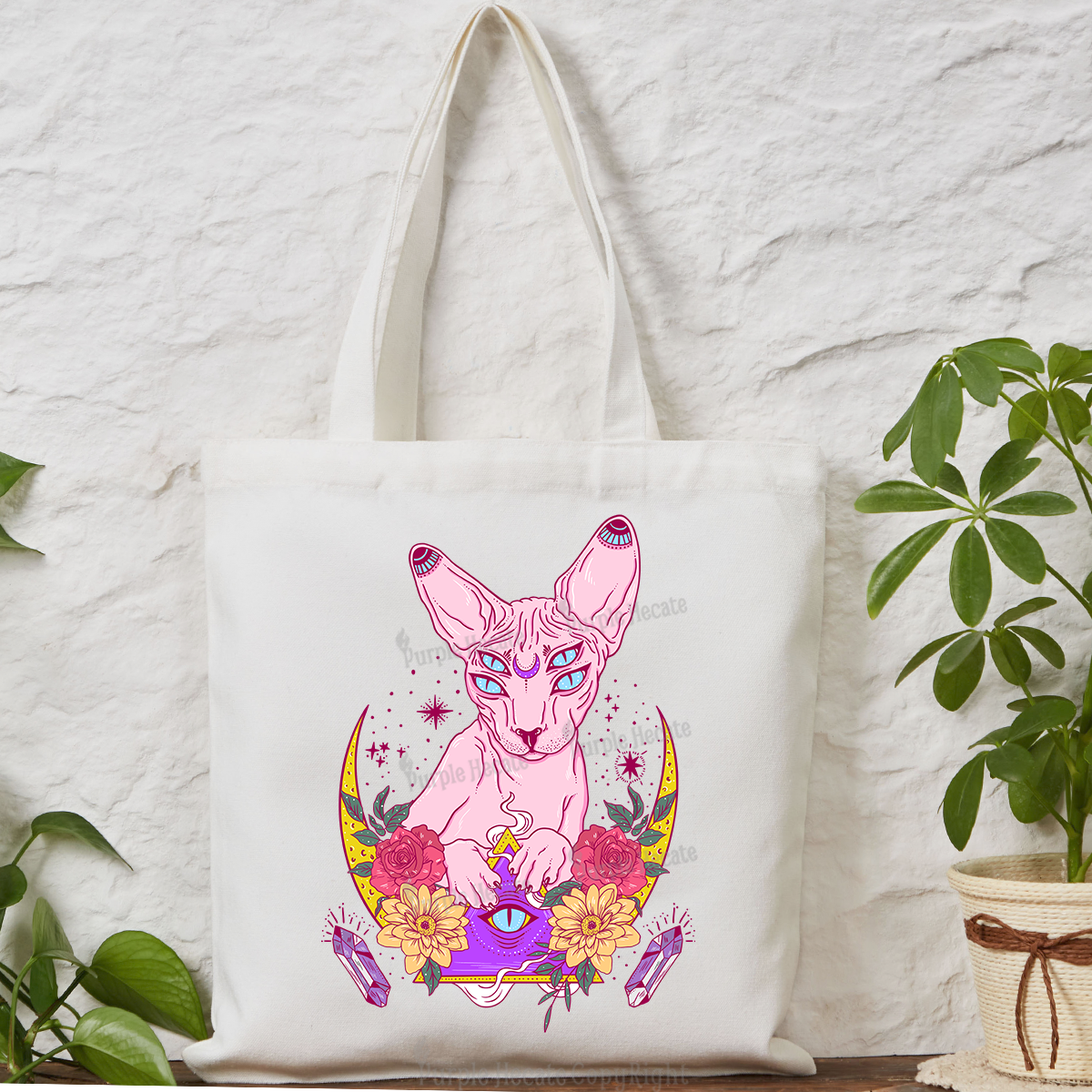 Purplehecate Moon Phase Cat Tote Bag