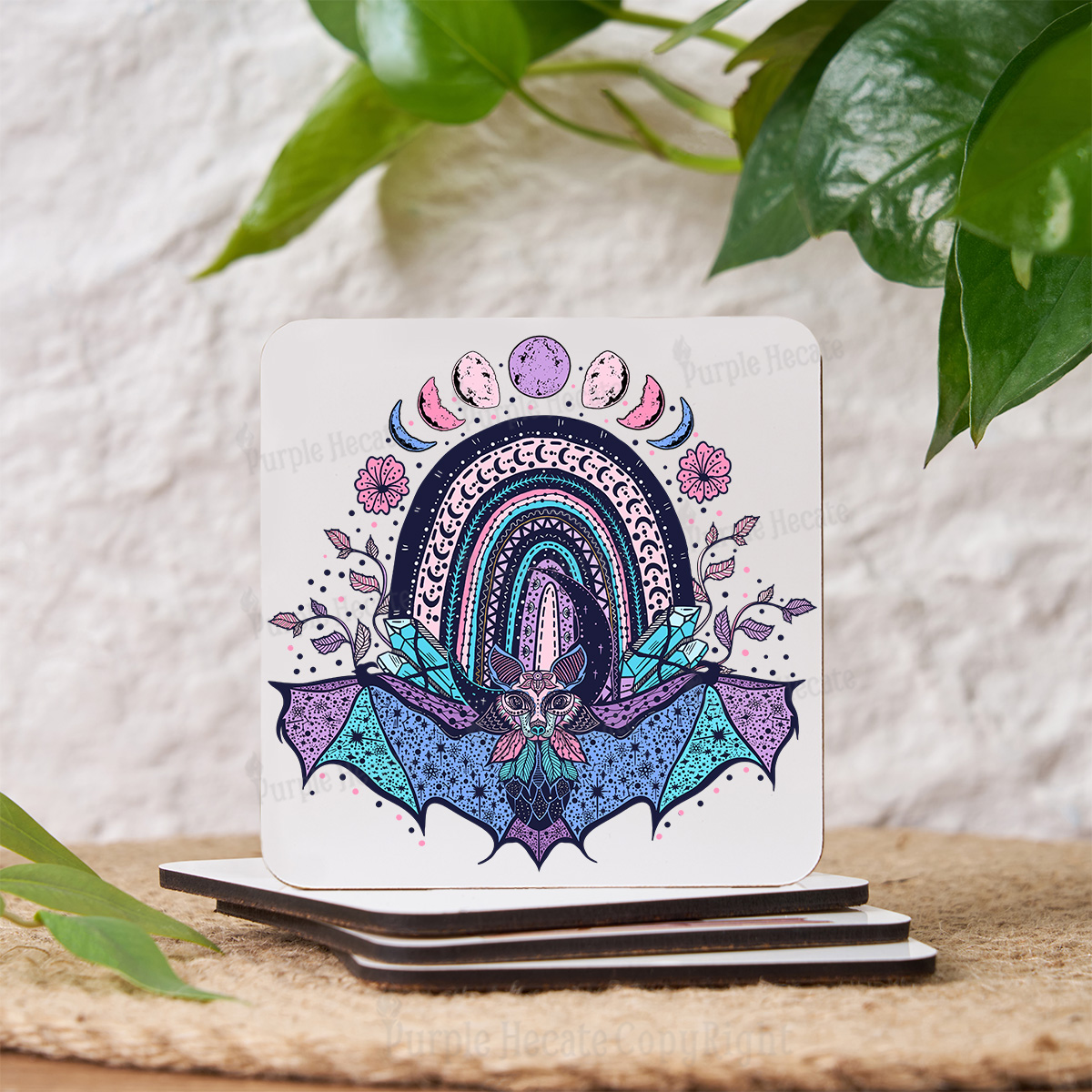 Purplehecate Moon Phase Bat Coaster