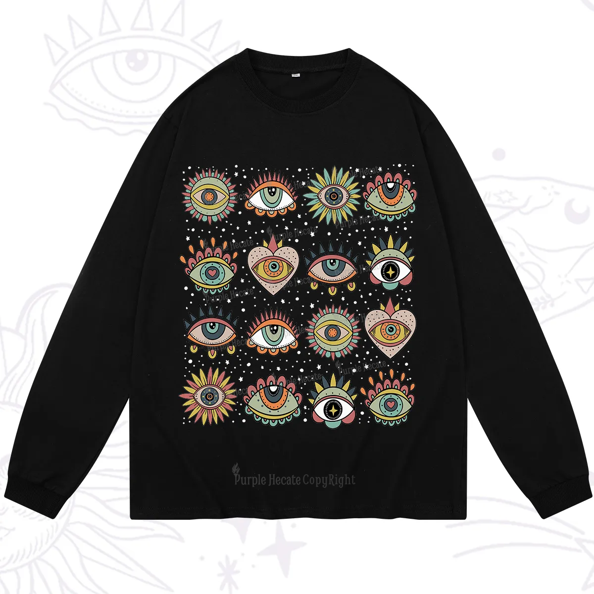 Purplehecate Mystical Evil Eye Pattern Long Sleeve T-Shirt