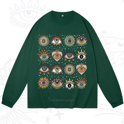 Purplehecate Mystical Evil Eye Pattern Long Sleeve T-Shirt