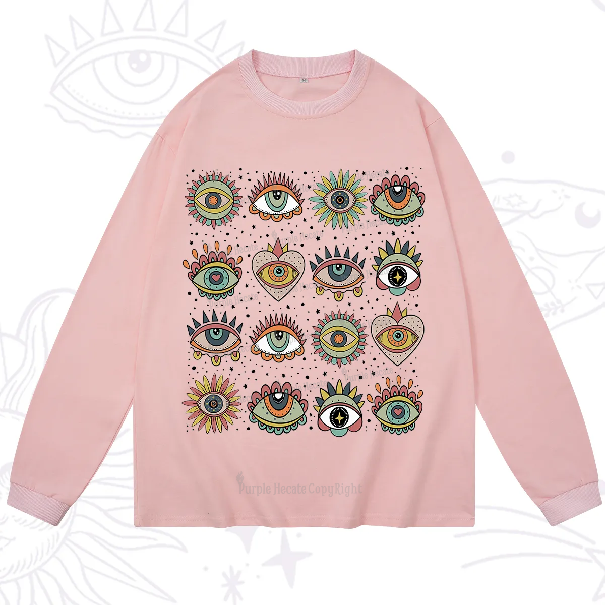Purplehecate Mystical Evil Eye Pattern Long Sleeve T-Shirt
