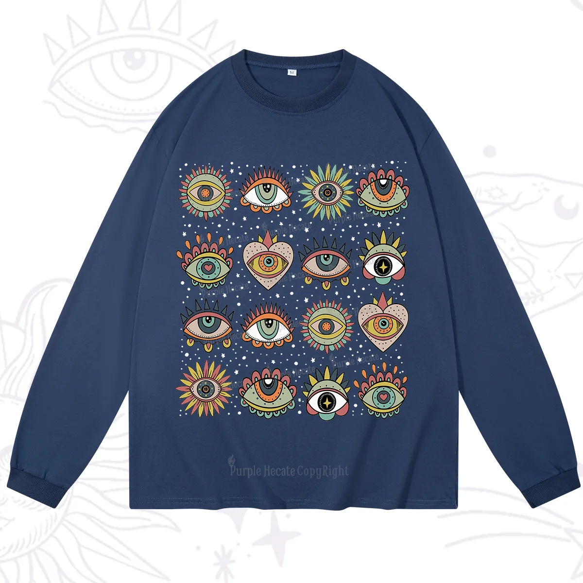 Purplehecate Mystical Evil Eye Pattern Long Sleeve T-Shirt