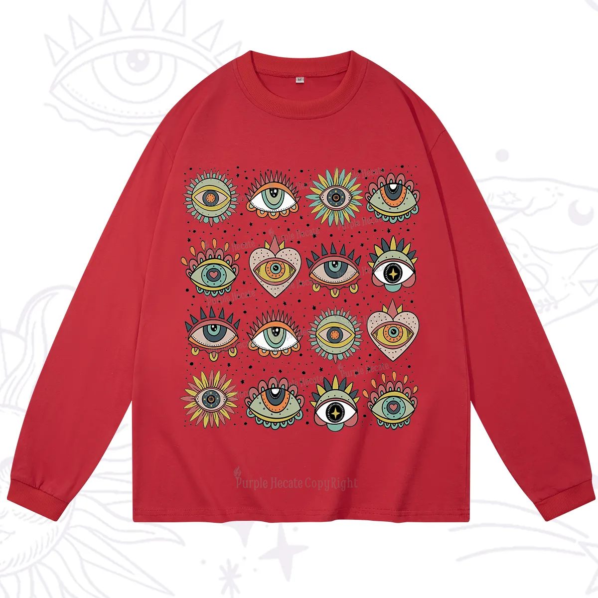 Purplehecate Mystical Evil Eye Pattern Long Sleeve T-Shirt