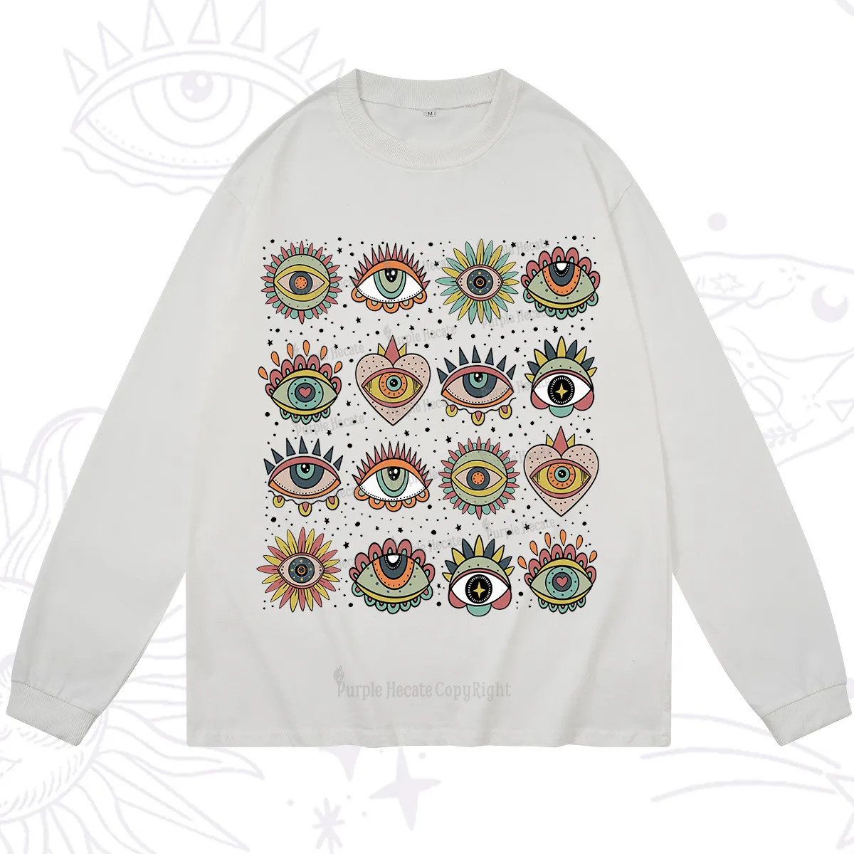 Purplehecate Mystical Evil Eye Pattern Long Sleeve T-Shirt