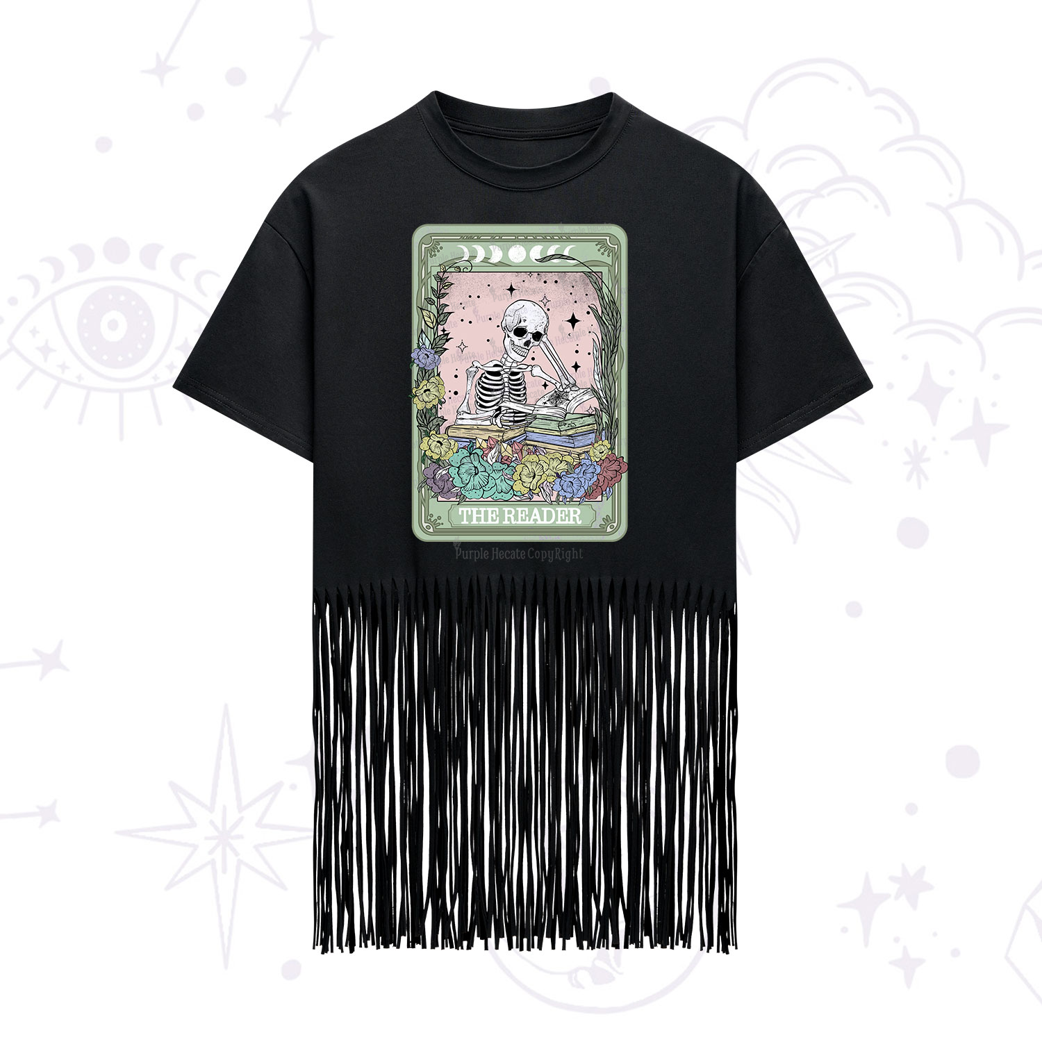 Purplehecate The Reader Bookworm Tarot Skeleton Fringe Hem T-Shirt