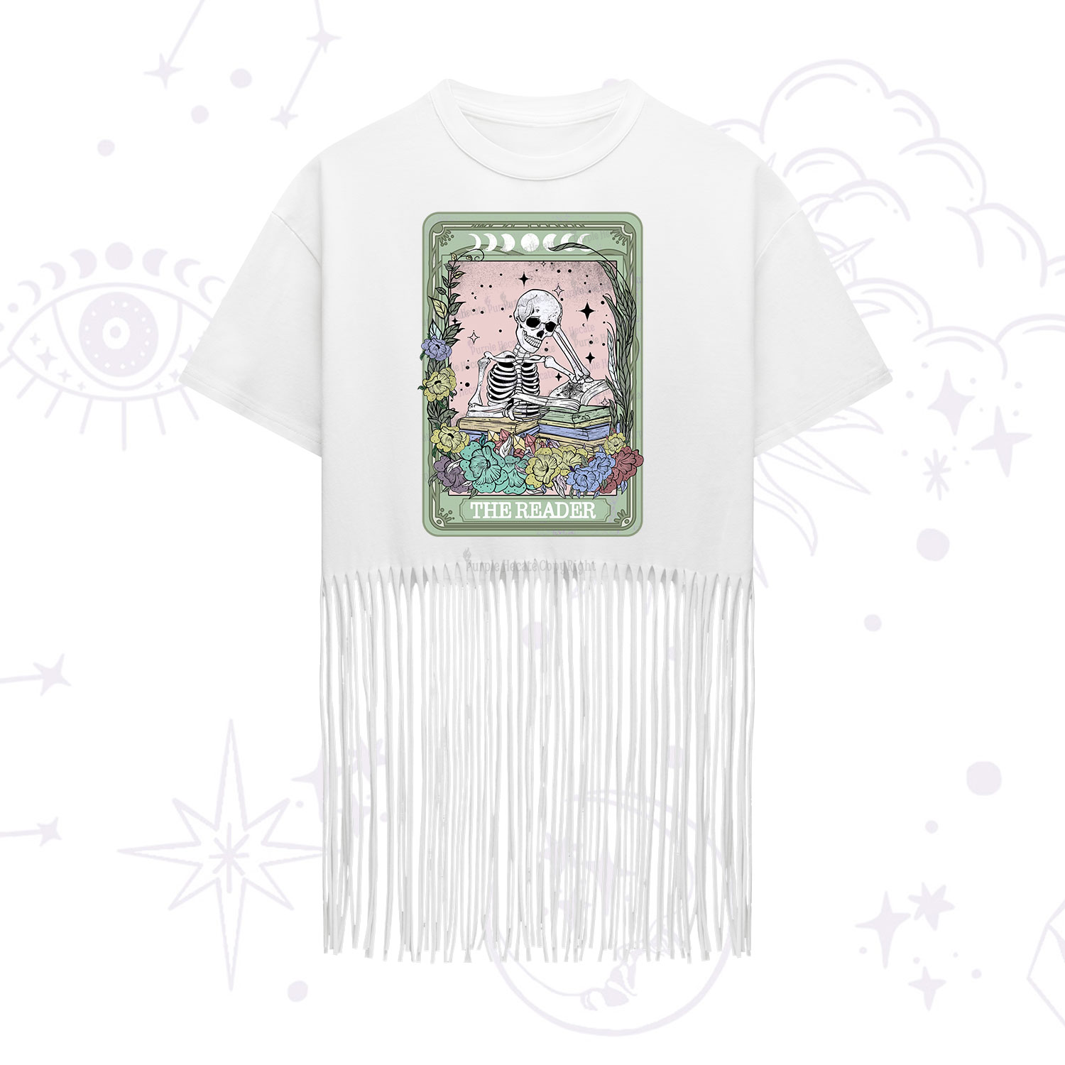 Purplehecate The Reader Bookworm Tarot Skeleton Fringe Hem T-Shirt