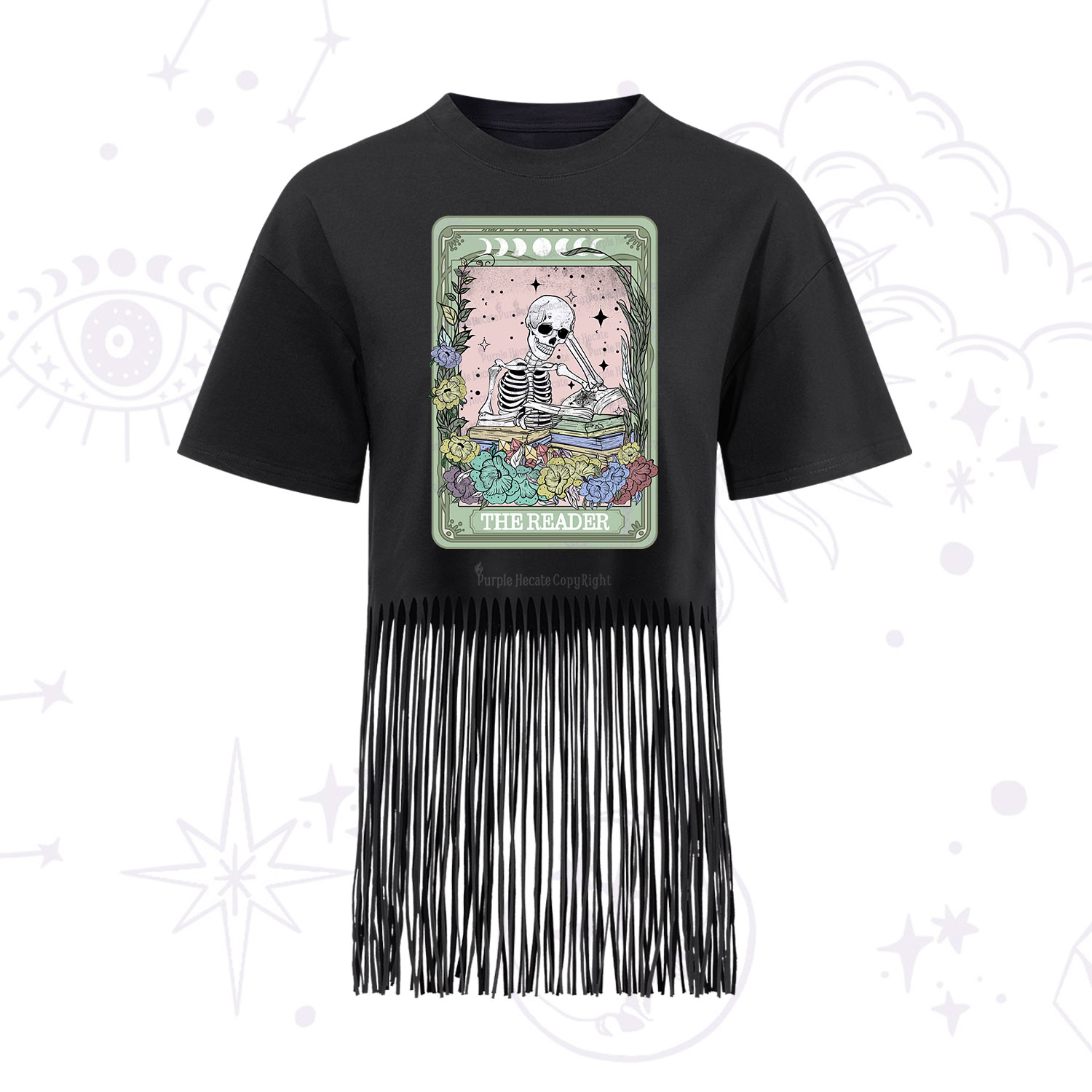 Purplehecate The Reader Bookworm Tarot Skeleton Fringe Hem T-Shirt