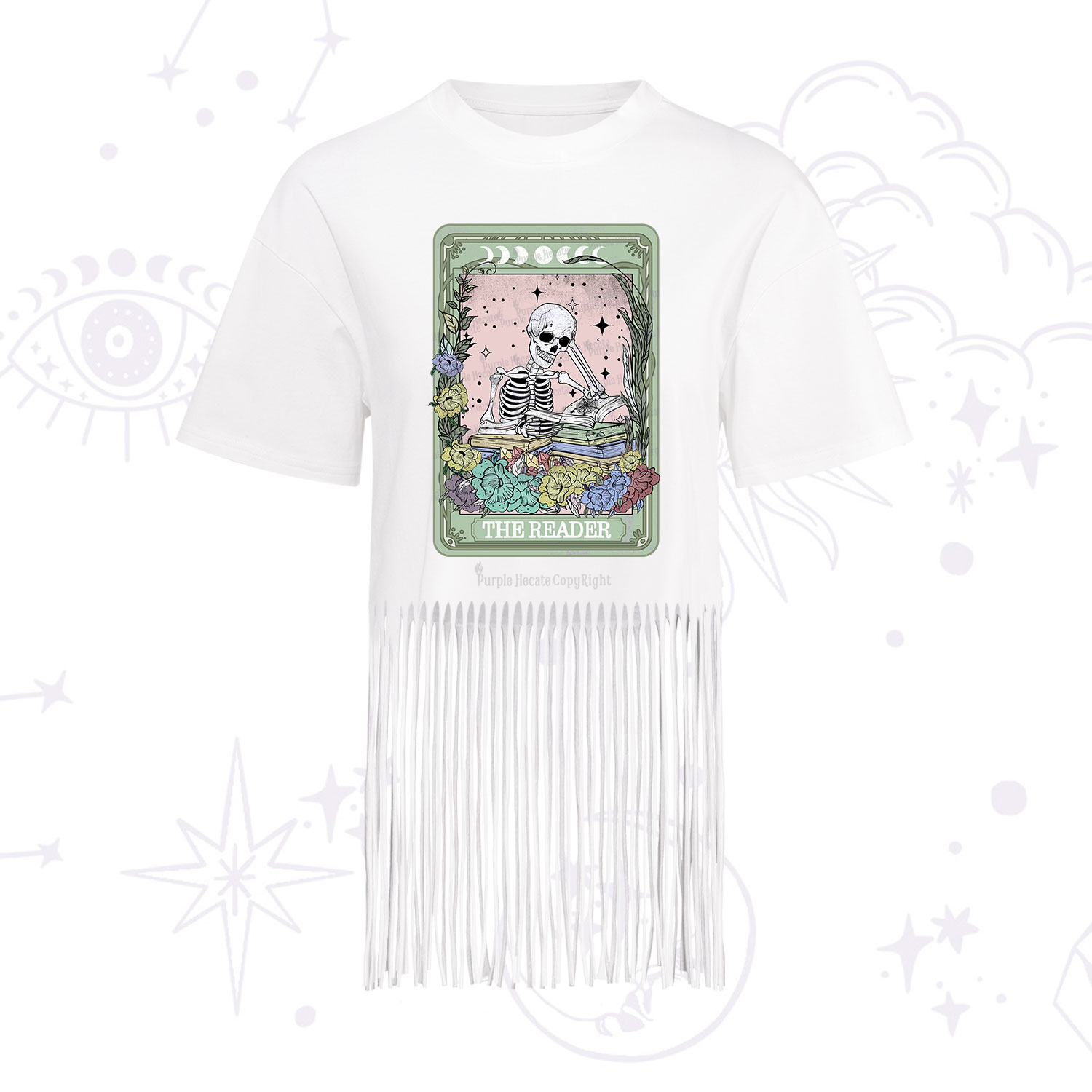Purplehecate The Reader Bookworm Tarot Skeleton Fringe Hem T-Shirt
