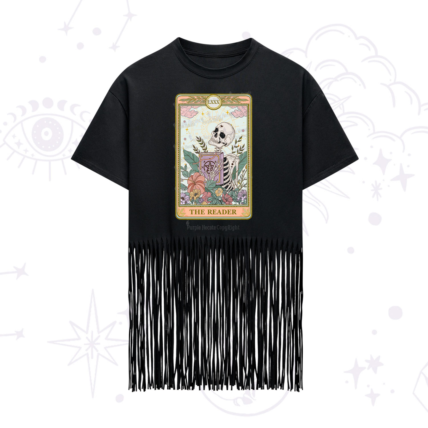 Purplehecate The Reader Occult Tarot Skeleton Fringe Hem T-Shirt
