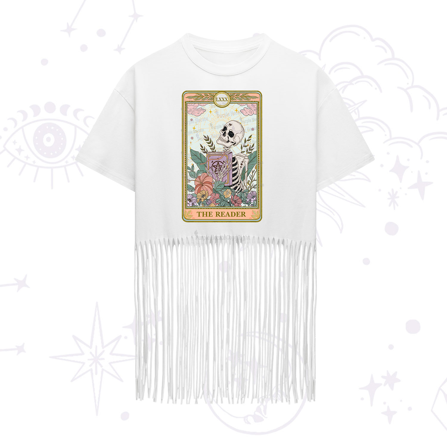 Purplehecate The Reader Occult Tarot Skeleton Fringe Hem T-Shirt