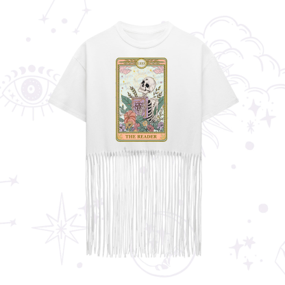 Purplehecate The Reader Occult Tarot Skeleton Fringe Hem T-Shirt