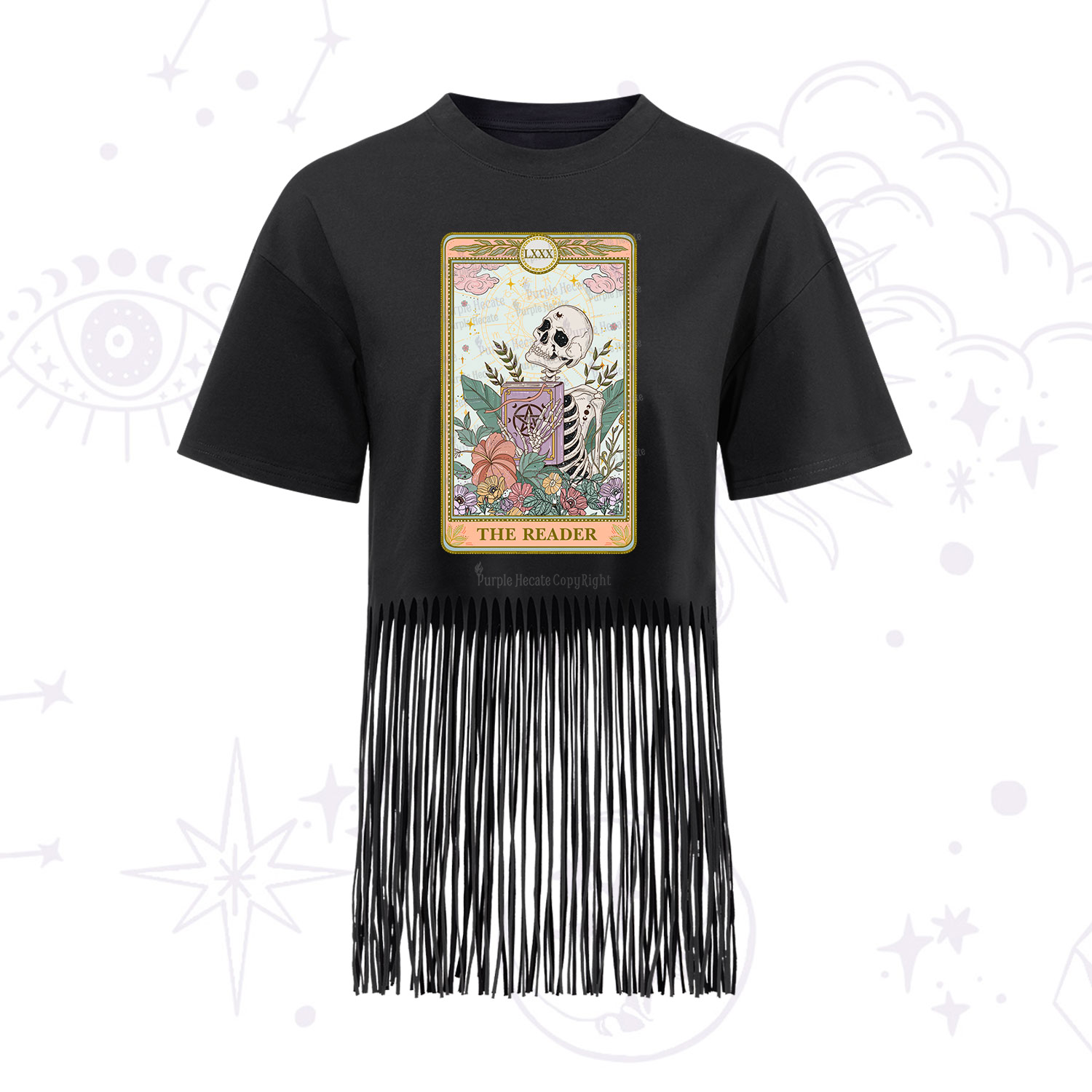 Purplehecate The Reader Occult Tarot Skeleton Fringe Hem T-Shirt