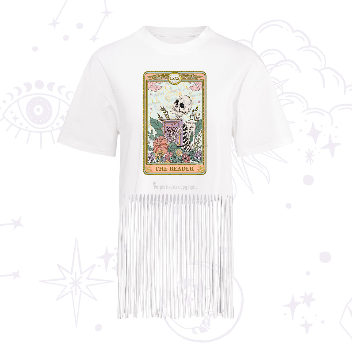 Purplehecate The Reader Occult Tarot Skeleton Fringe Hem T-Shirt