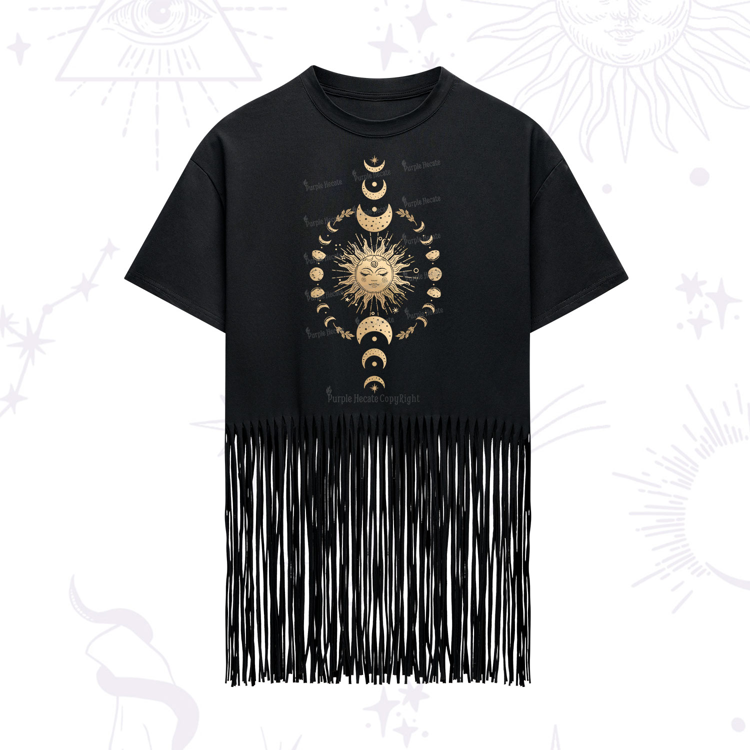 Purplehecate Celestial Sun & Moon Phases Fringe Hem T-Shirt