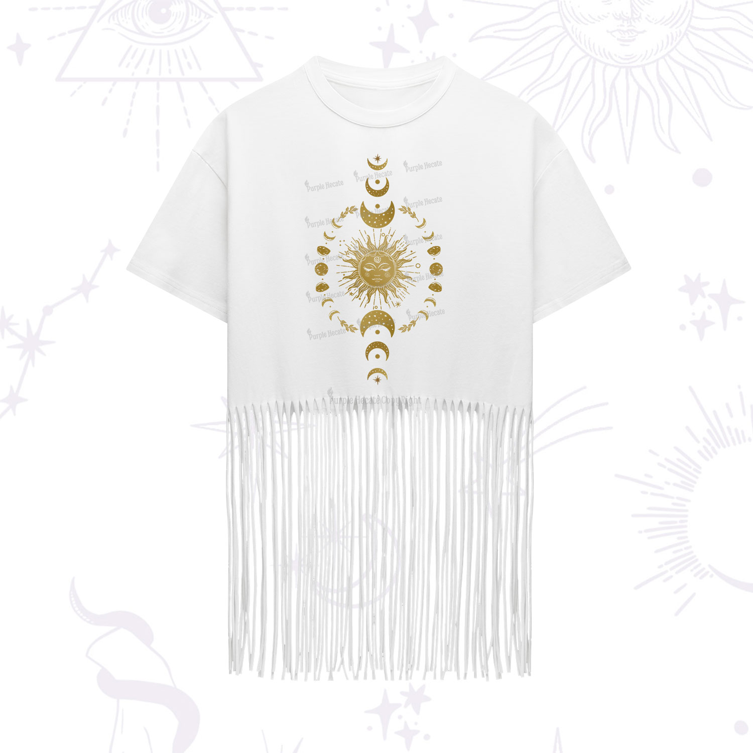 Purplehecate Celestial Sun & Moon Phases Fringe Hem T-Shirt