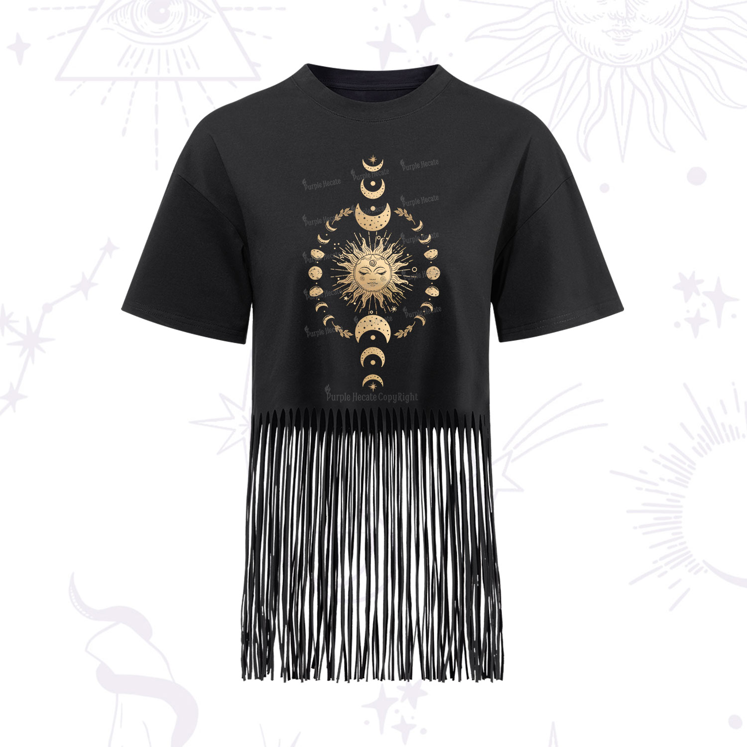 Purplehecate Celestial Sun & Moon Phases Fringe Hem T-Shirt
