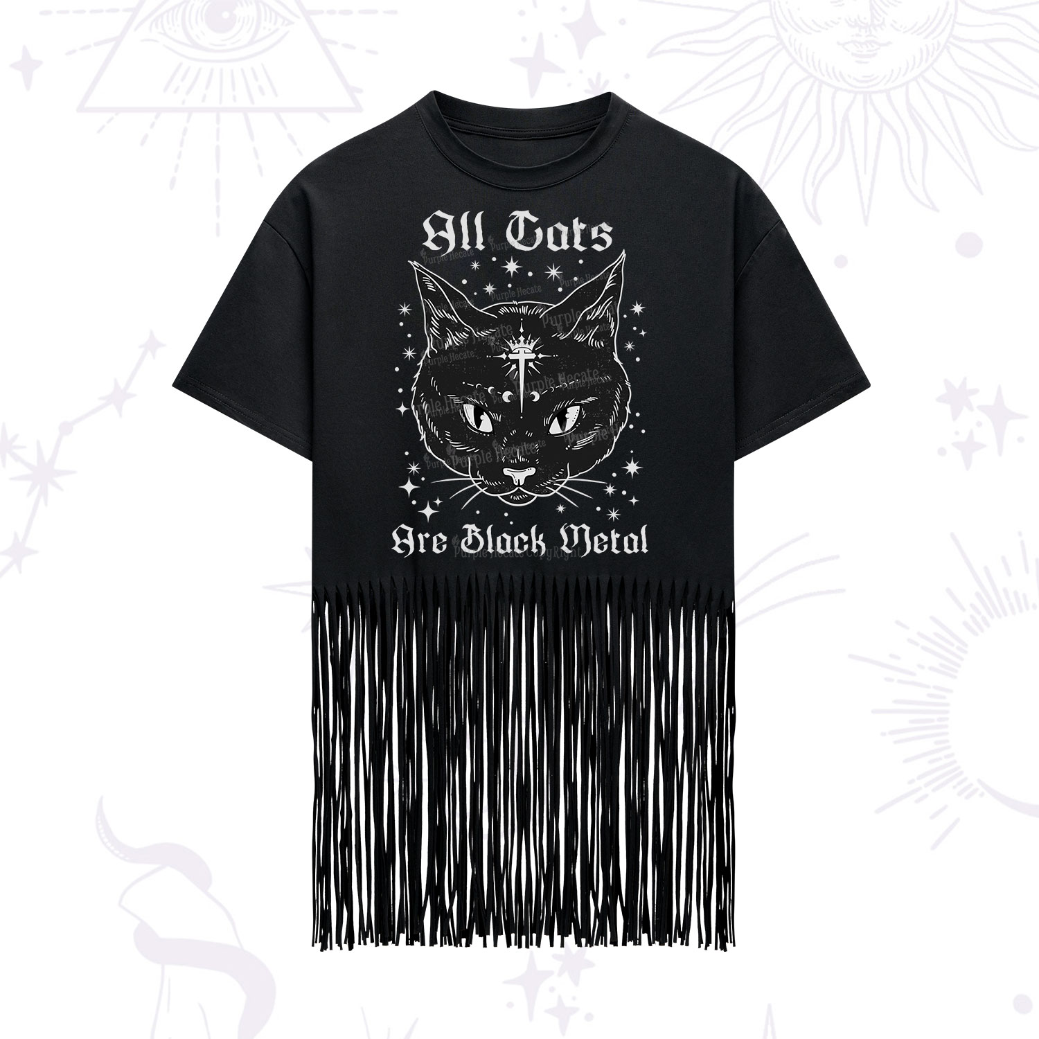 Purplehecate All Cats Are Black Metal Fringe Hem T-Shirt
