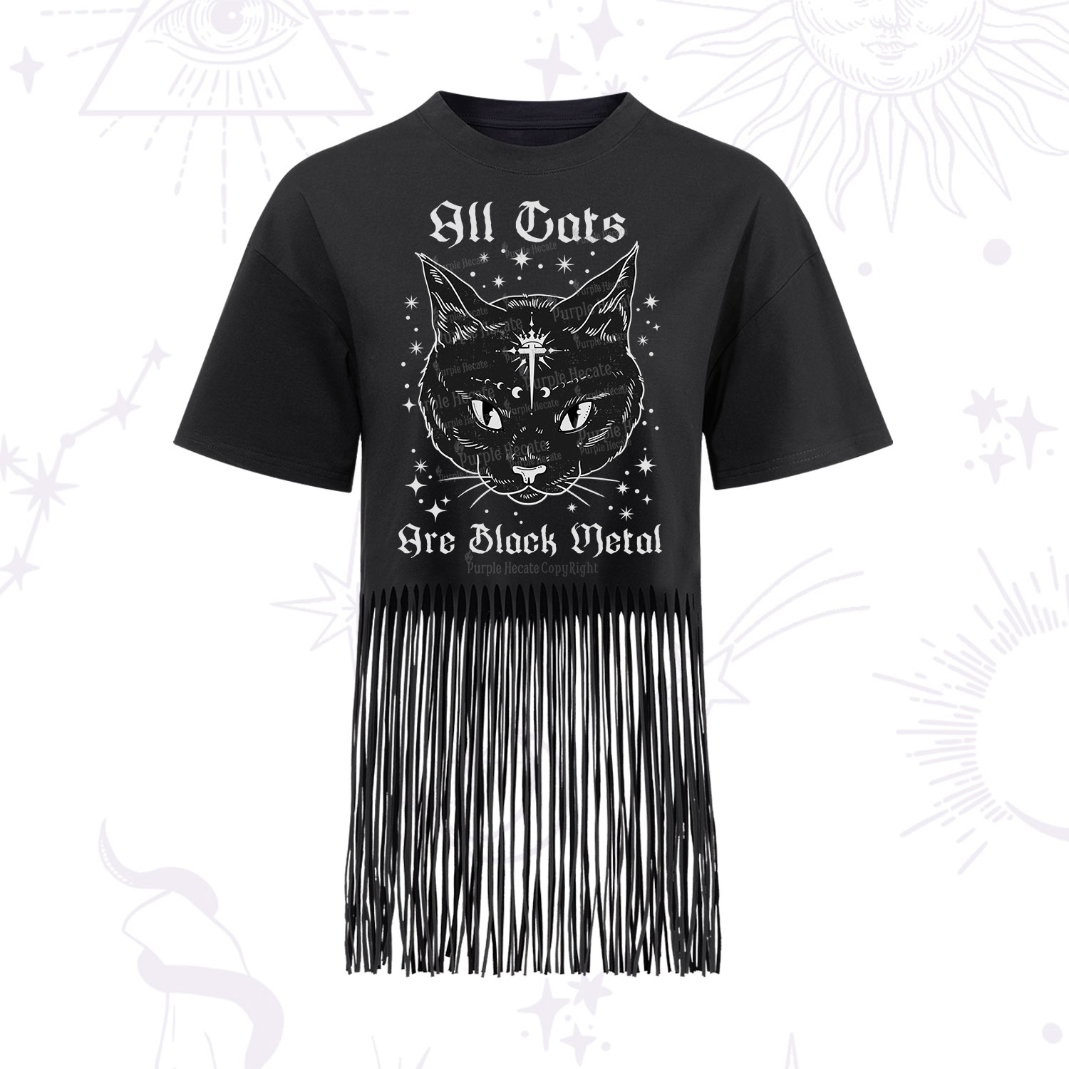 Purplehecate All Cats Are Black Metal Fringe Hem T-Shirt