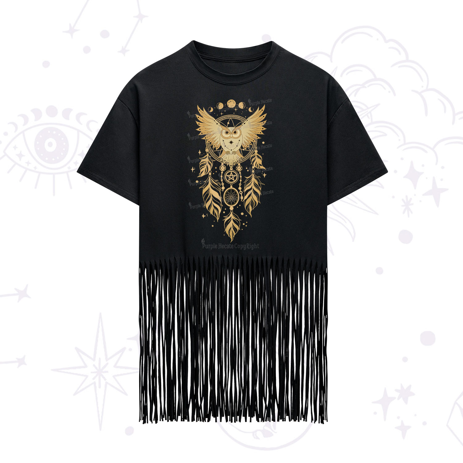 Purplehecate Mystical Owl Dreamcatcher Fringe Hem T-Shirt