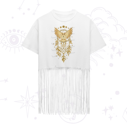 Purplehecate Mystical Owl Dreamcatcher Fringe Hem T-Shirt