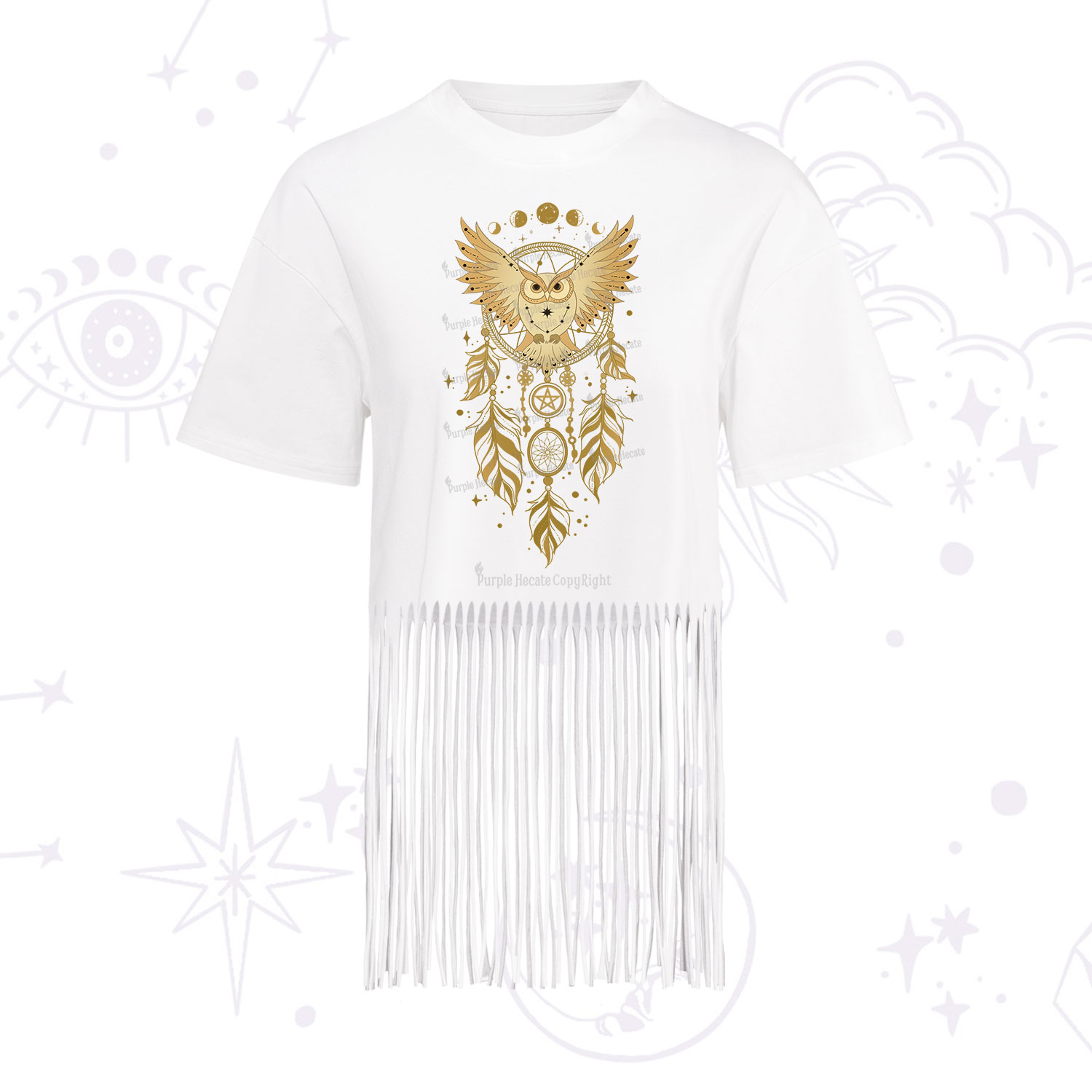 Purplehecate Mystical Owl Dreamcatcher Fringe Hem T-Shirt