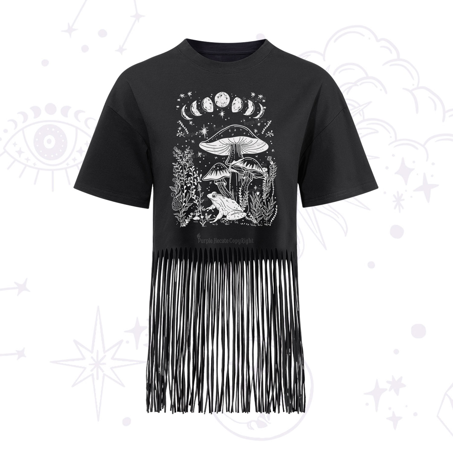 Purplehecate Celestial Frog Mushrooms Fringe Hem T-Shirt