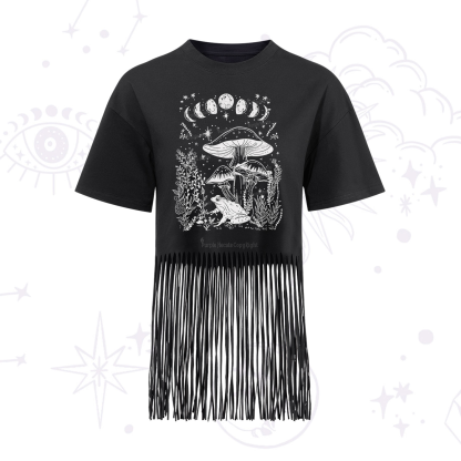 Purplehecate Celestial Frog Mushrooms Fringe Hem T-Shirt
